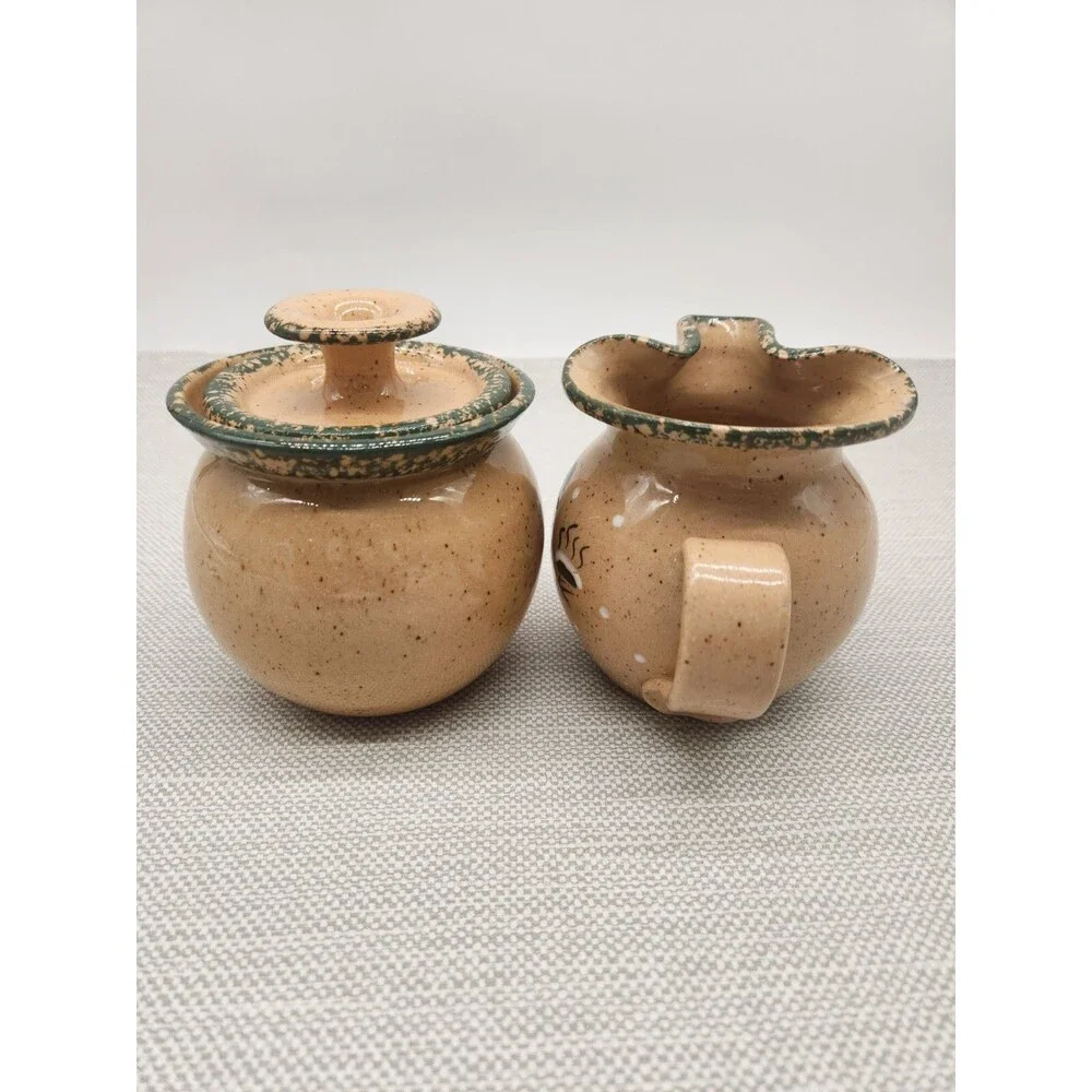 Three Rivers Pottery Cream Pitcher & Sugar Bowl Brown Green Snowman Family